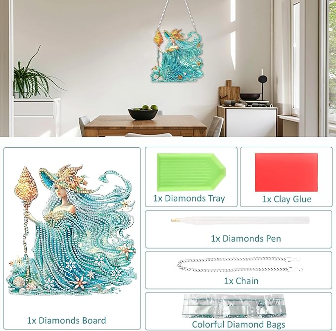 SENQAO Fairy Diamond Art Hanging Kit for Adult, Special Shaped Rhinestone, Double Sided DIY Acrylic Diamond Art Painting Window Pendants Home Garden Wall Hanging Kits Hanging Ornament (Shell Witch)