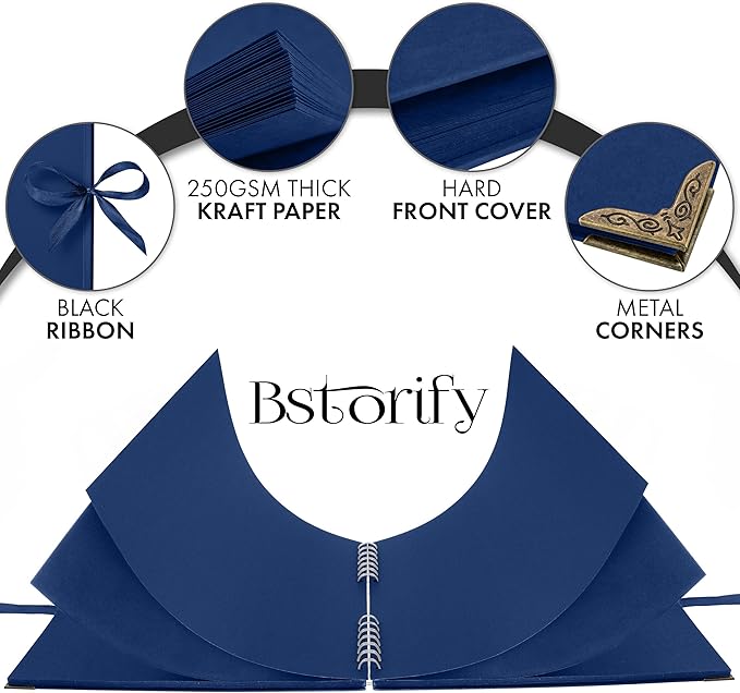 Bstorify Square Scrapbook Photo Albums 80 Pages (11 x 11 Inch) Blue Thick Paper, Hardcover, Ribbon Closure - Ideal for Your Scrapbooking Albums, Art & Craft Projects (Blue, 11 x 11 Inch)