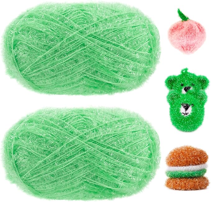 JeogYong Scrubby Yarn 2 Skeins (2 x 100g, 2 x 218yd) Scrubby Sparkle Yarn, Fluffy Polyester Scrubbie Crochet String for Crocheting Knitting Dishcloths Washcloths DIY Projects