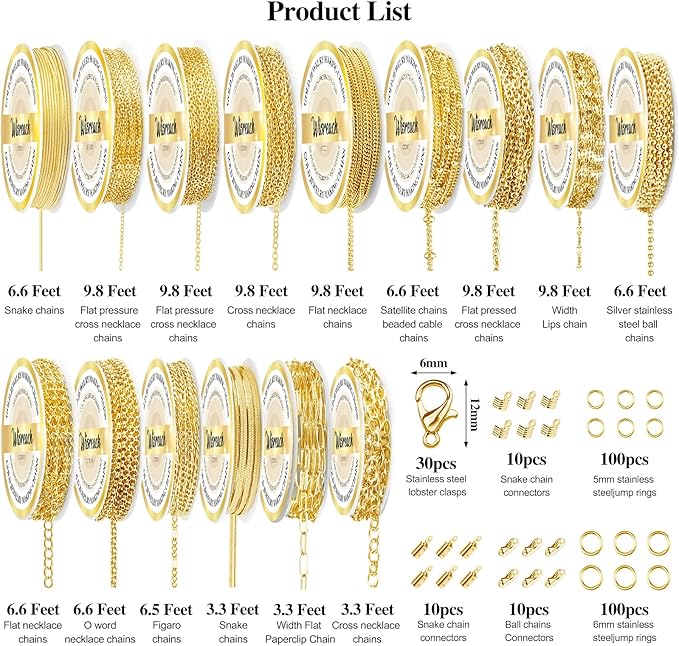 wisreach chains jewelry making supplies gold chain for making jewelry, 111.5 feet 15 rolls for diy necklace bracelet findings with jump rings/lobster clasps/connectors