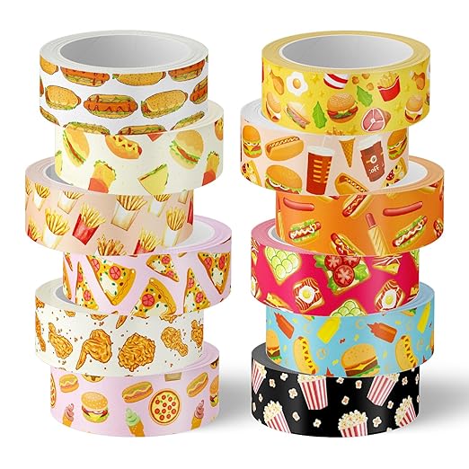 12 Rolls Cute Food Washi Tape Cartoon Yummy Fast Food Masking Tape Set Decorative Wrapping Paper Tapes for Scrapbook Journal DIY Art Crafts