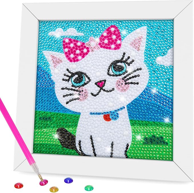 QEUOYSS Diamond Art Kit for Kids with Wooden Frame Art and Crafts for Kids Ages 6-8 -10-12 Easy to DIY Diamond Art for Kid and Adult Beginners Home Wall Decoration (Cat)