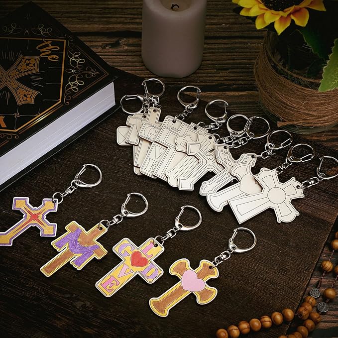 Trnayi 36 Pcs Religious Cross DIY Wooden Keychain Crafts Color Your Own Cross Wood Keychains Unfinished Sunday School Christian Gifts Blank Love God Kits for Art Easter Party Home Activities