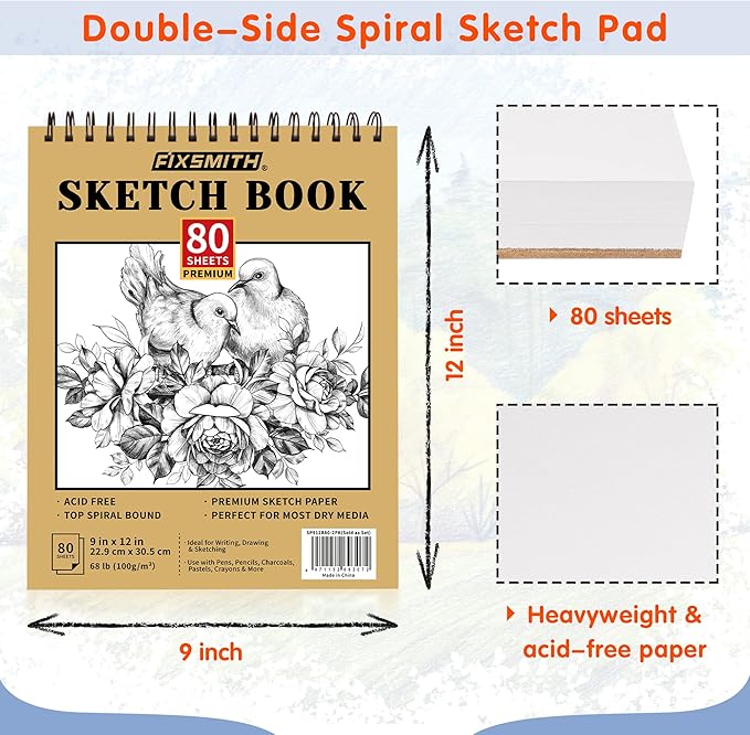fixsmith 9"x12" sketch book | 160 sheets (68 lb/100gsm) | 2 pack sketchbooks | top spiral bound artist sketch pad | acid free drawing pad | ideal for kids,beginners,artists &painters | bright white
