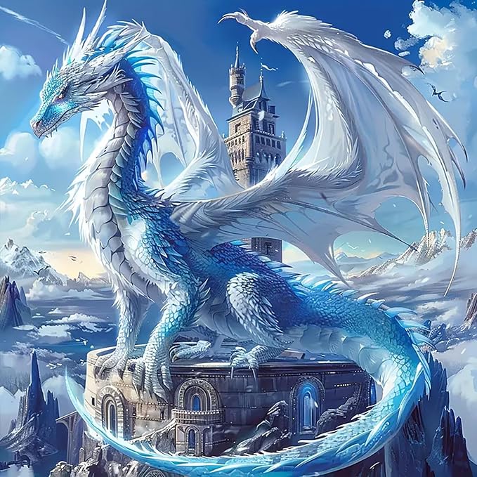 5D Ice Dragon Diamond Art Kits for Adults Beginners, DIY 5D Full Round Drill Diamond Painting Kits Sky King, Paint by Diamonds Dot Gem Art Crystal White Dragon Easy,Home Wall Decor 13.7 X 13.7 Inch