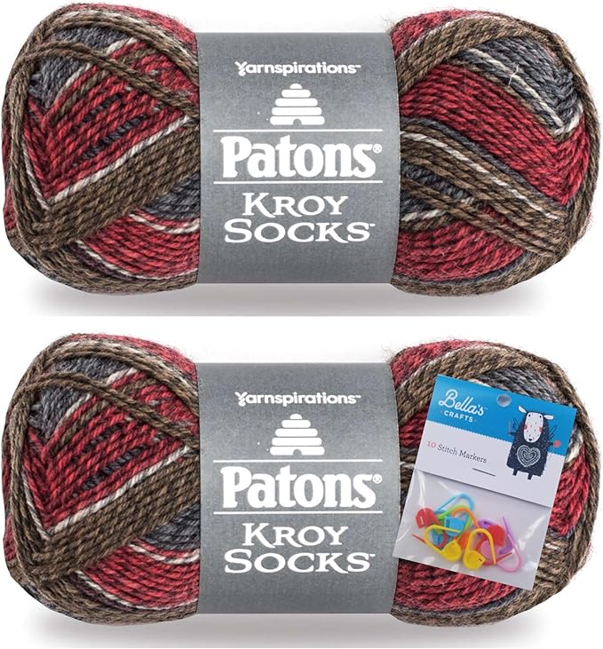 Patons Kroy Socks Yarn 2-Pack Bundle with Bella's Crafts Stitch Markers (Grey Brown Marl)