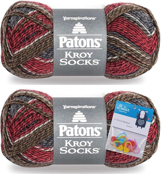 Patons Kroy Socks Yarn 2-Pack Bundle with Bella's Crafts Stitch Markers (Grey Brown Marl)