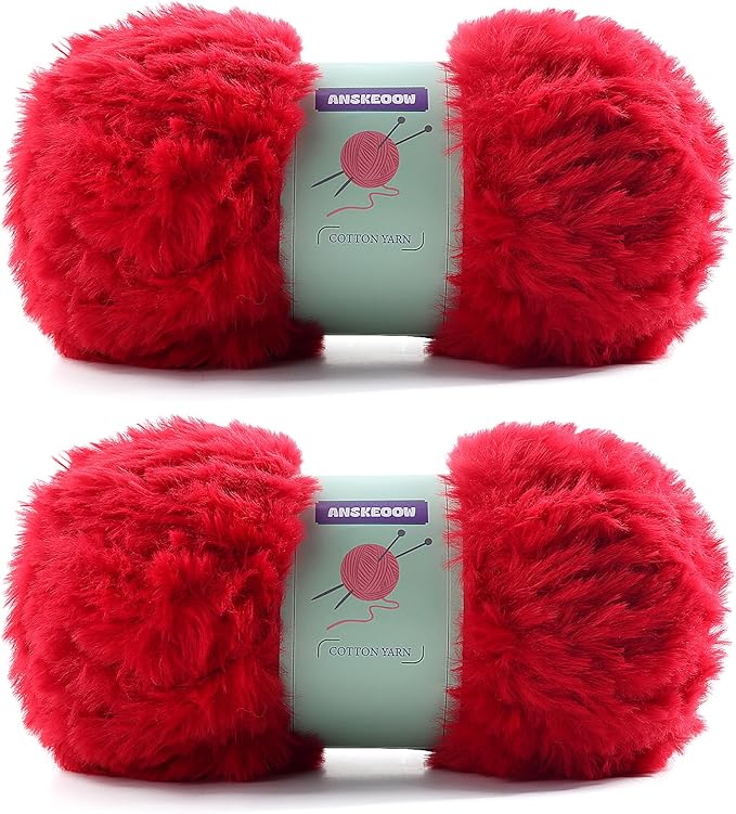2 Skeins Faux Fur Yarn Soft Fluffy for Crocheting - Chunky Fuzzy Yarn for Crochet Amigurumi, Hat, Shawls, Total Length (71x2) Yards (Red)
