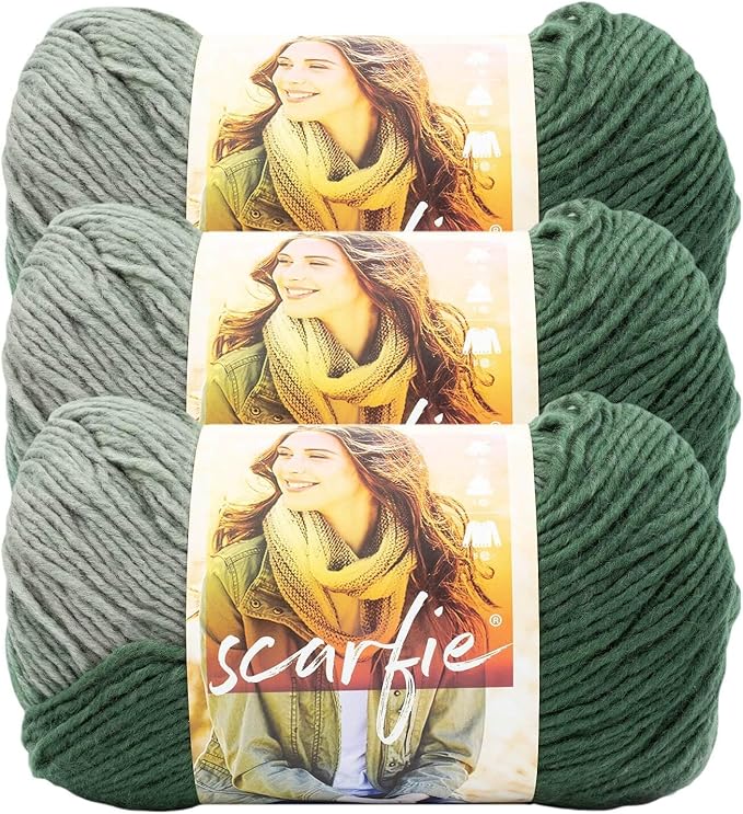 Lion Brand Yarn Scarfie Yarn for Knitting and Crocheting, Evergreen/Pearl Grey, 3 Pack