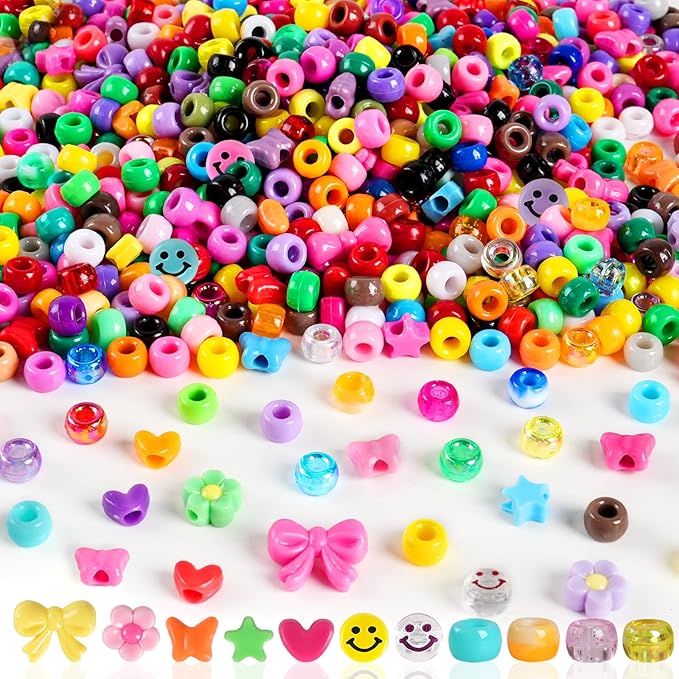 1000Pcs Pony Beads for Bracelets, Colourful Plastic Pony Beads Bulk, 6×9mm Friendship Shape Bead for Jewelry Making Heart Bow Tie Star for DIY Hair Braiding Keychains Necklaces Crafts Party Supplies