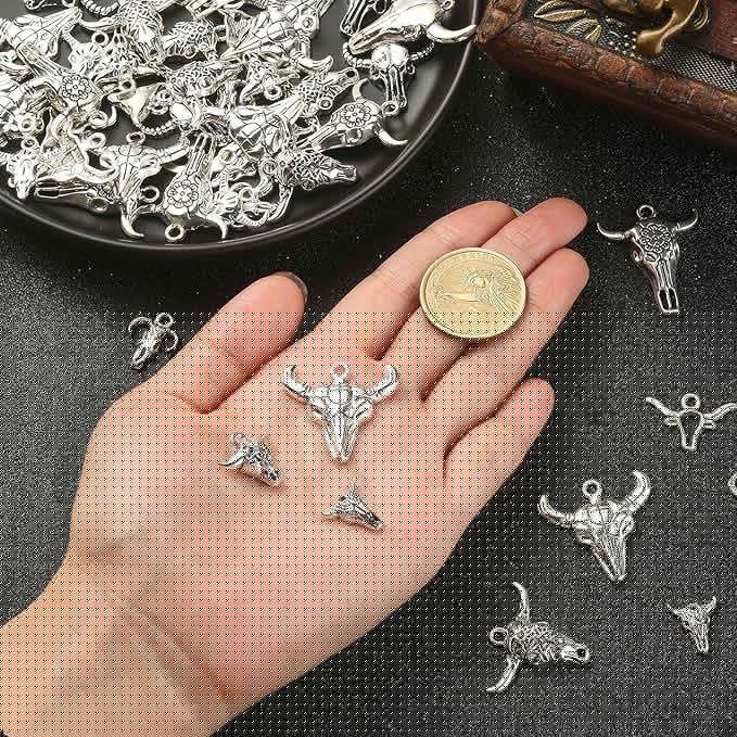 DanLingJewelry 100Pcs 10 Styles Antique Silver Cow Charms Western Cattle Head Charms for Jewelry Craft Making