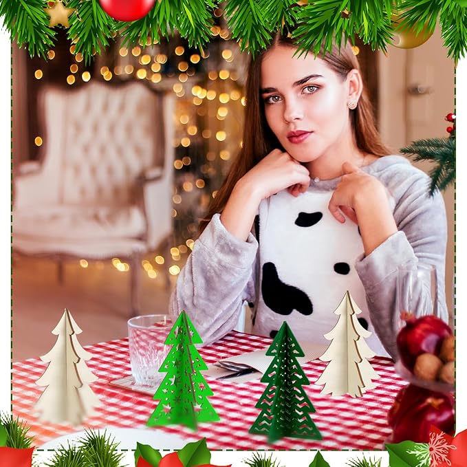 Blosssound 48 Pcs Christmas Craft Set 36 Wood Tree Crafts 3D Christmas Tree Cutouts with 12 Colored Markers Wooden Unfinished Slices to Paint for Xmas Winter DIY Handmade Tiered Tray Decor