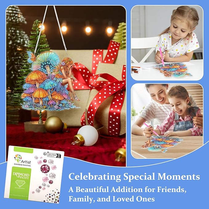 Lxmsja DIY Fairy Diamond Painting Hanging Ornament, Double-Sided Acrylic Colorful Mushrooms Diamond Art Kit, Special Shaped Suncatcher Hanging Pendant Window Art Kit 8x8 inch