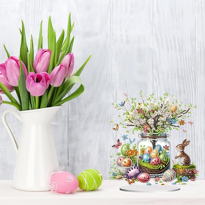 DIY Dot Diamond Desktop Easter Creative Ornaments Diamond Art Painting by Number Embroidery Arts and Crafts Easter for Home Office Garden Decoration (Single Side Dot Diamond)-#04-Potted Plants
