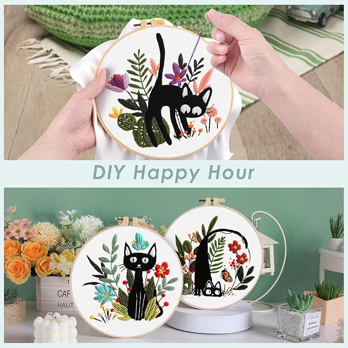 ERKOON Embroidery Kit for Beginners, 5 Sets Flower Cross Stitch Set for Adults Include Embroidery Cloth Hoops Threads for Craft Lover Hand Stitch with Skill Techniques (Black Cat)