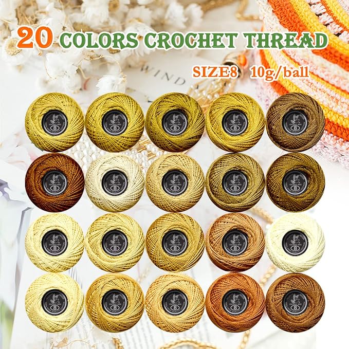 Soft 20 Colors Classic Crochet Thread Double Mercerized Egyptian Long Staple Cotton Pearl Thread Ball 20 Pack,100% Cotton (Beige Brown-834-869)