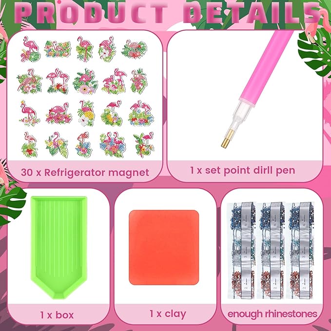 30 Pcs Summer Diamond Art Painting Magnets Flamingo Fridge Magnetic Diamond Art Painting Kits Flamingo Fridge Sticker Magnet DIY Craft for Adult Beginner Gifts Toy Home Office Decors