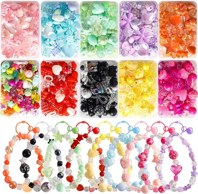 RYKOMO 550-650PCS Assorted Acrylic Beads Flower Sweetheart Butterfly Candy Acrylic Kawaii Aesthetic Cute Beads for Bracelets DIY Jewelry Making (10 Candy Colors)