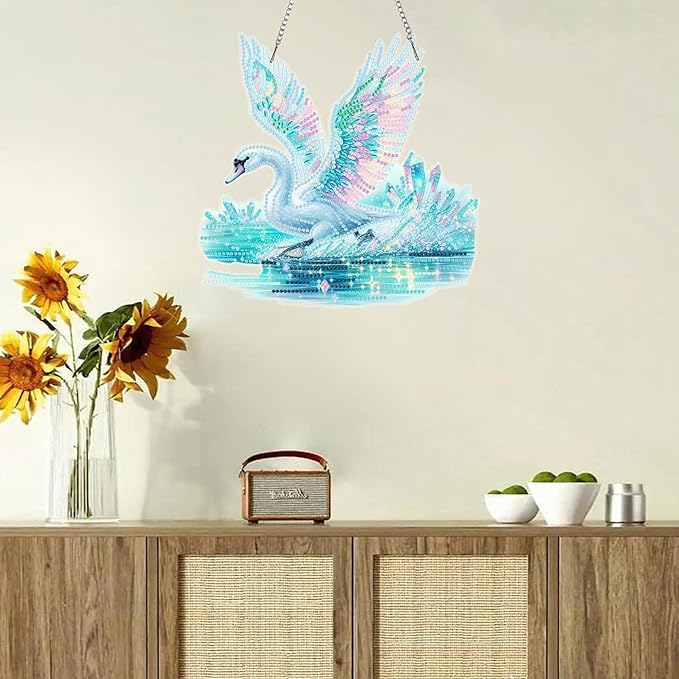 Ristpal Diamond Art Hanging Kits for Adult, Special Shaped Rhinestone, DIY Acrylic Diamond Art Painting Window Pendants Home Garden Wall Hanging Kits for Home Decor and Gifts (Swans)