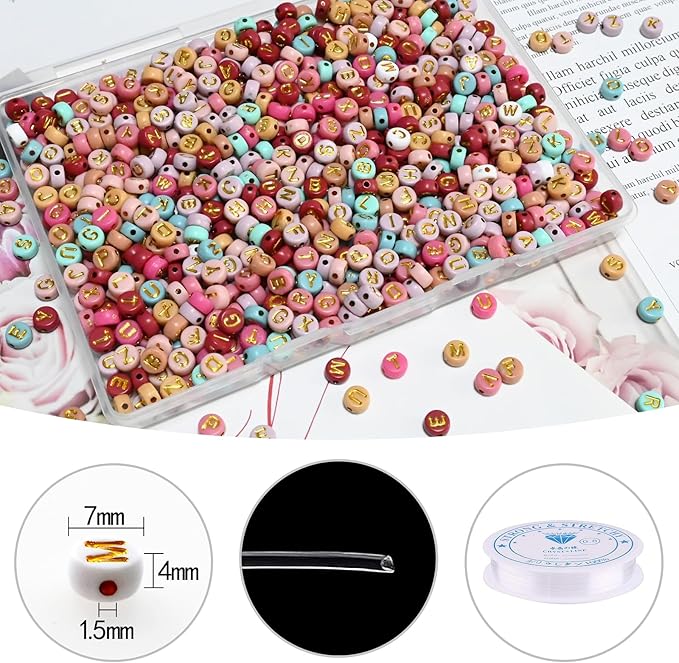 1000pcs Colorful Letter Beads Gold 7x4mm and Elastic String with Storage Box for Jewelry Making Bracelet Hair Braids Crafts