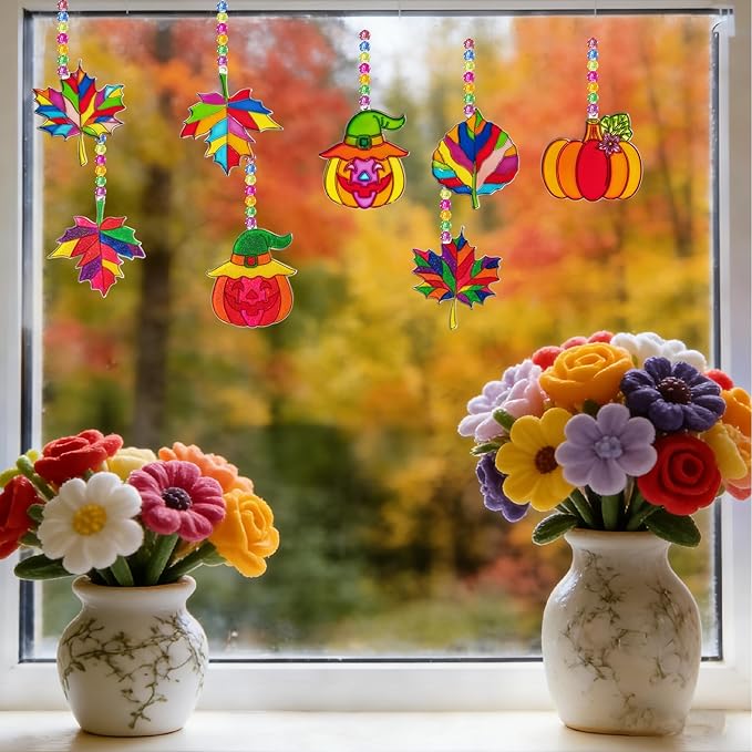 Ayhuhra 30 Sets Fall Leaf Pumpkin Suncatchers Craft Kits DIY Window Suncatchers Fall Pumpkin Arts and Crafts Activities Halloween Sun Catchers for Seniors Autumn Halloween Art Project