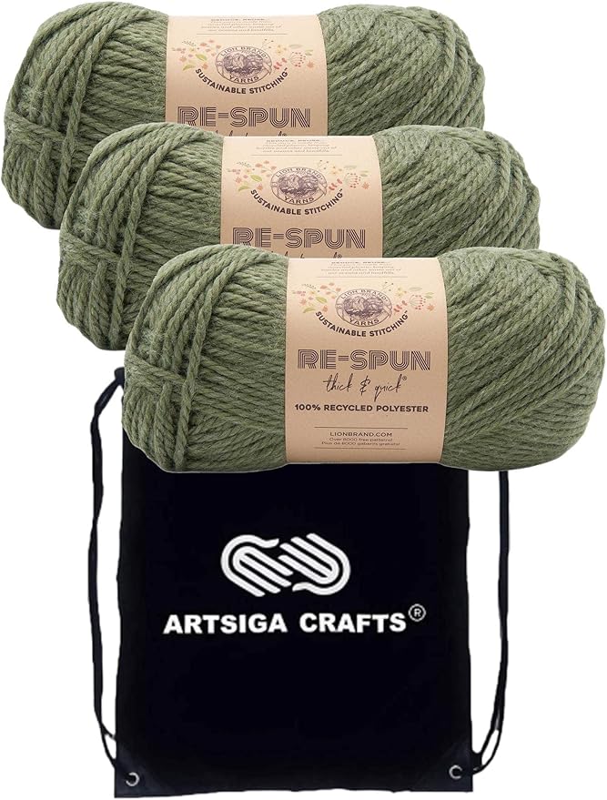 Lion Brand Re Spun Thick & Quick Evergreen 843-174 (3-Skeins - Same Dye Lot) Weight S Bulky #6 Polyester Yarn for Crocheting and Knitting with Project Bag