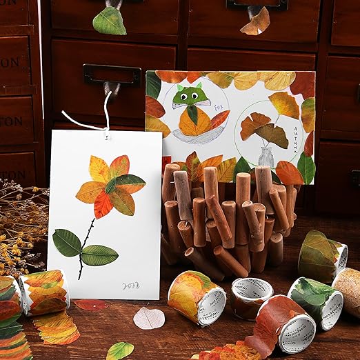 Dizdkizd Fall Leaf Washi Tape Stickers for Card Making, Arts and Crafts Projects, Scrapbooking, Journaling, Collage - 400 Pieces (8 Rolls)