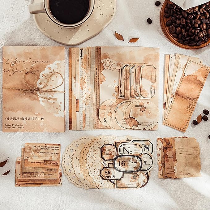 115 Pieces Coffee Drink Scrapbook Supplies Pack, Vintage Decorative Craft Paper Aesthetic Vinyl Stickers Ephemera for Bullet Junk Journal Planner Album Decoupage Collage