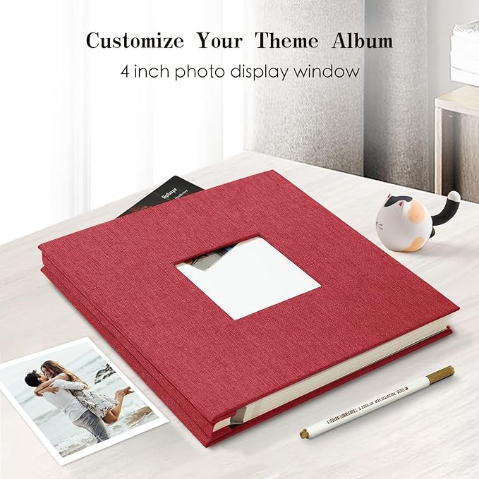 Spbapr Large Photo Album Self Adhesive 60 Pages Linen cover DIY Magnetic Scrapbook album with A Metal Pen Hold 4x6 5x7 6x8 8x10 10x12 Pictures Red