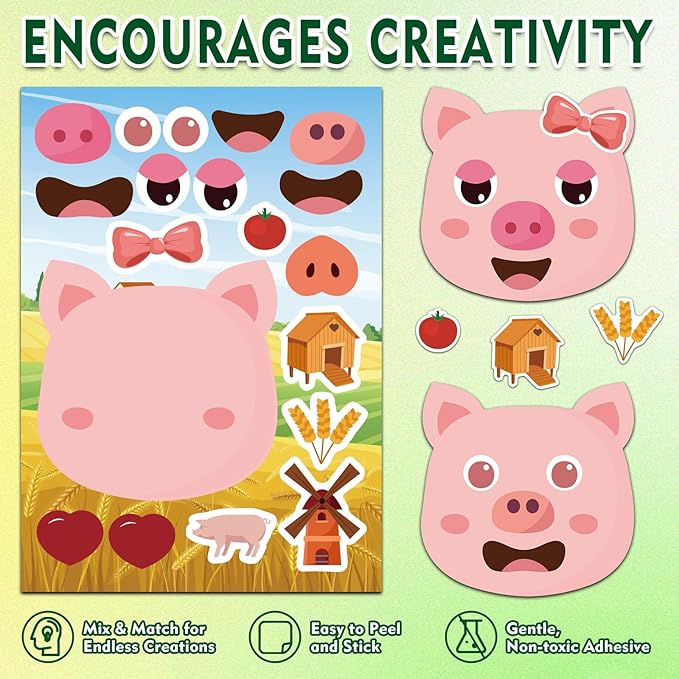 aowplc 36 pcs make-a-face sticker sheets kids party favors mix and match stickers with dinosaurs, mermaids, unicorns, horses, farm & sea animals for parties, birthdays, classroom activities & crafts