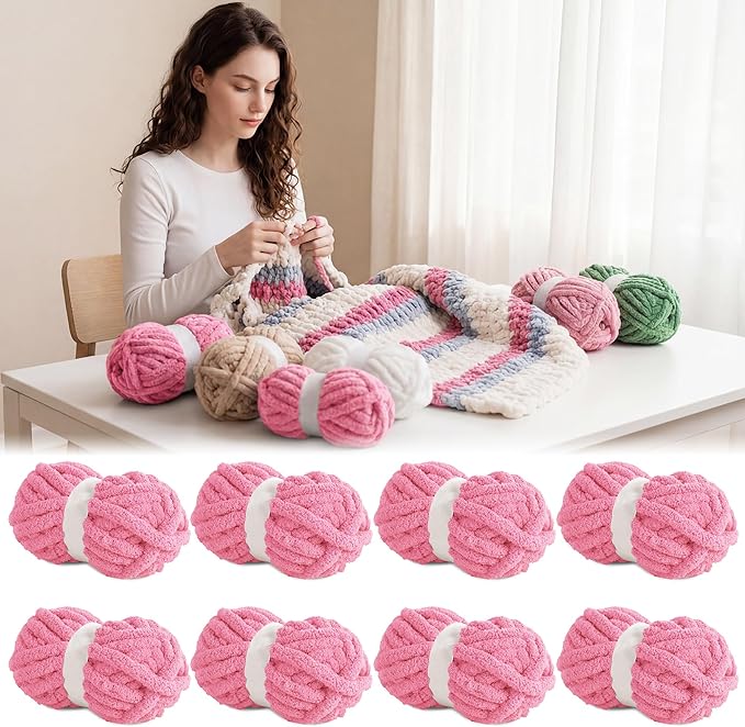 BALAPET Chunky Chenille Yarn for Hand Knitting, Super Soft Thick Plush Yarn for Blanket and Knit DIY, Fluffy Bulky Jumbo Yarn, Beginner Friendly, Machine Washable #10, 8 Skeins (8 oz / 27 Yards)