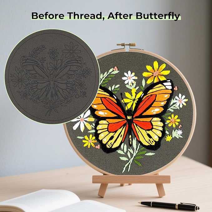 htvront embroidery kit for beginners, butterfly embroidery kits with step-by-step video tutorials only 6 stitches, beginner embroidery kit for adult, needlepoint kits for adults with stamped patterns