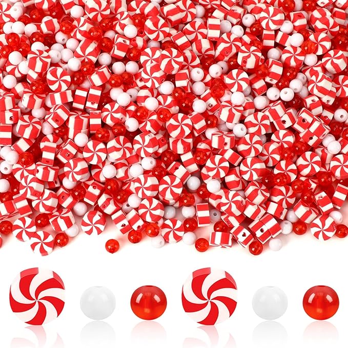 UPINS 1500Pcs Christmas Red and White Beads for Jewelry Making Xmas Candy Polymer Clay Beads for Holiday Necklace Bracelet Earring Craft and Christmas Tree Ornaments