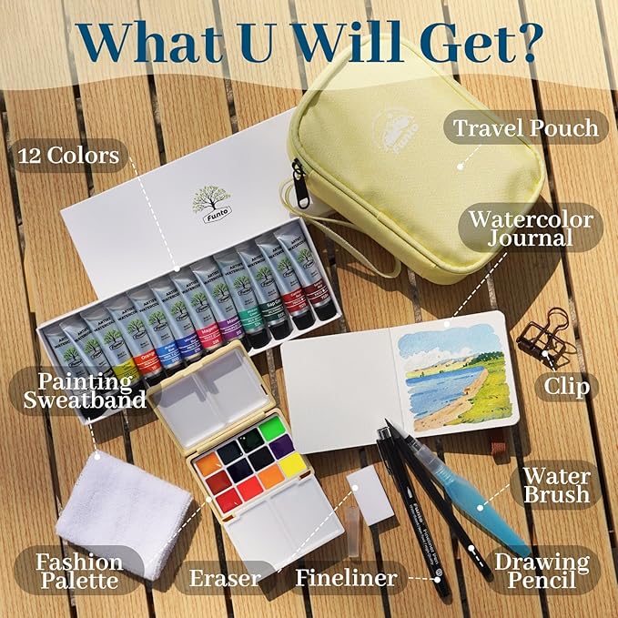 Funto Mini Watercolor Travel Set, 12-Color Refillable Travel Art Kit, All-in-One Mini Paint Supplies with Bag, Art Craft for All, Portable Water Color Paint for Beginners, lovers and Artists