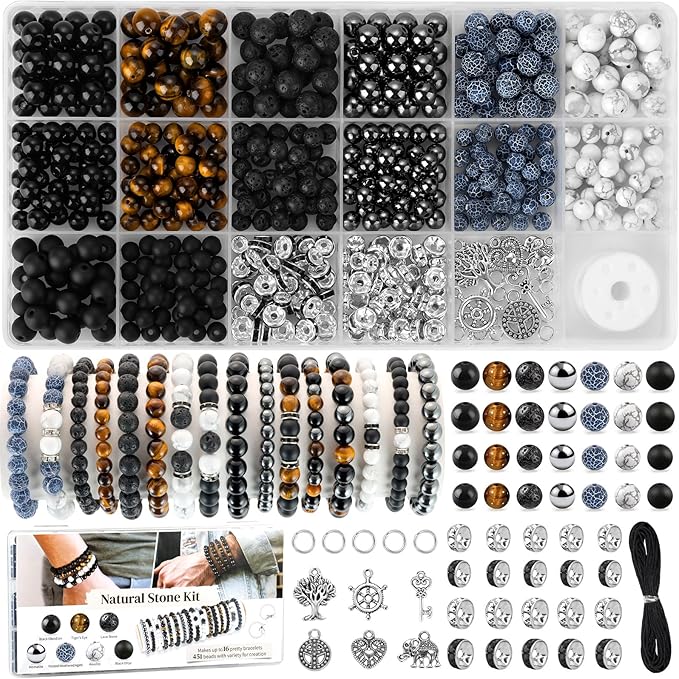 Zefy 467 Pcs 6/8mm Natural Stone Beads, Round Crystals Bead Genuine Real Stones, Gemstone Beads Kit with Spacer Bead Charms for Bracelets Jewelry Making (14 Colors)