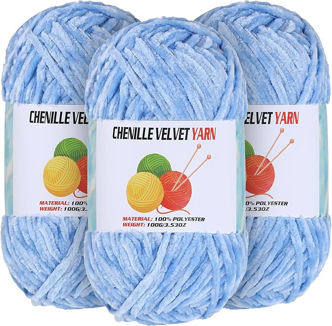 3 * 100g Velvet Chenille Chunky Yarn for Crocheting, Handcrafts Weaving Soft Chenille Yarn for Crocheting Clearance, Used for Making Baby Yarns Blanket, Clothes, Knitting Creations (Bule)