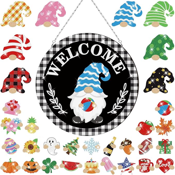 33 Pcs Magnetic Diamond Art Set Interchangeable DIY Gnome Diamond Painting Decor Detachable Welcome Sign Seasonal Door Hanger Gnome Party Decorations Gift for Home Wall Front Door(Cute)