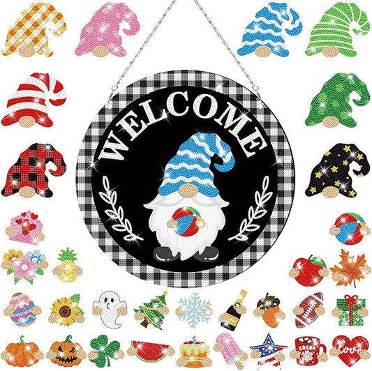 33 Pcs Magnetic Diamond Art Set Interchangeable DIY Gnome Diamond Painting Decor Detachable Welcome Sign Seasonal Door Hanger Gnome Party Decorations Gift for Home Wall Front Door(Cute)