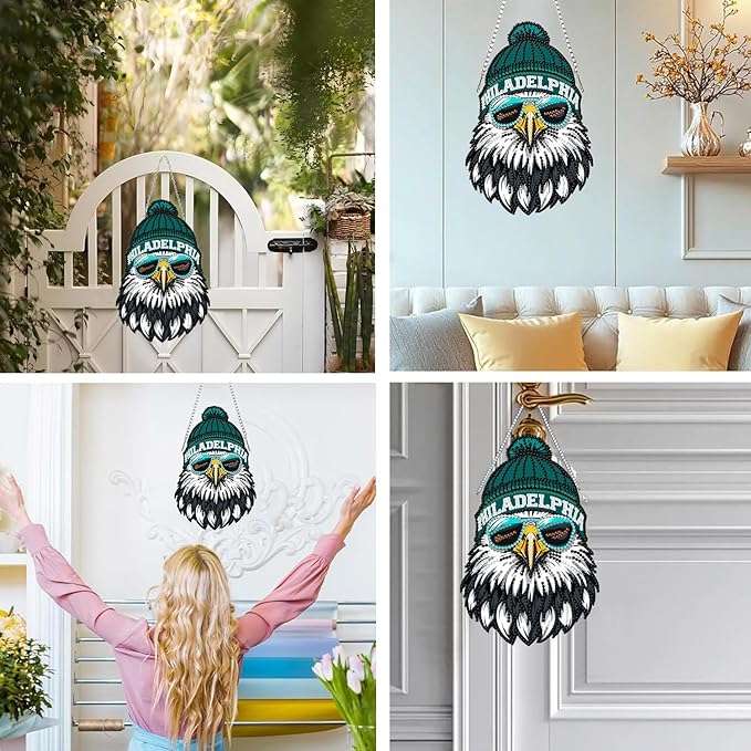 Weadatty DIY Diamond Art Hanging Kit for Adult,Football Style Acrylic Diamond Art Painting Window Pendants Home Garden Wall Hanging Kits Hanging Ornament,Single Sided(Philadelphia Green)