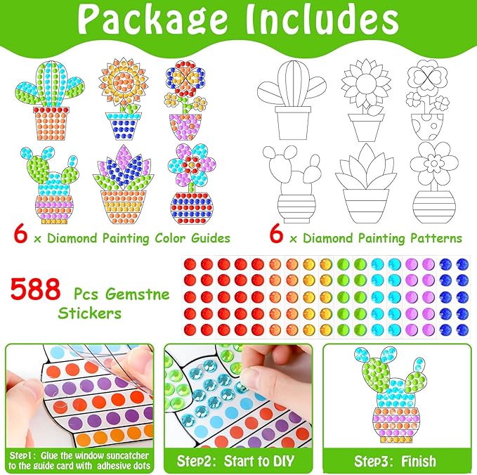 Qyeahkj 6 Pcs Spring Arts Crafts DIY Flower Potted Gem Diamond Suncatcher Craft Plant Diamond Painting Gifts Exchange Home Activity Game Party Decor