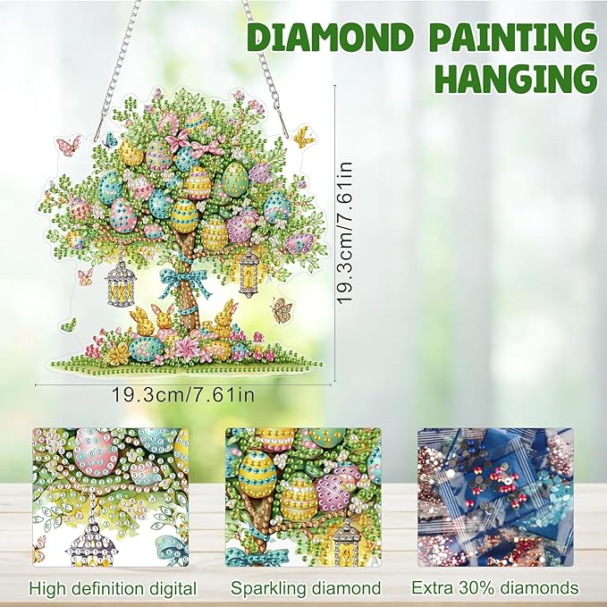MAXBYE Easter DIY Diamond Art Kits for Adults Hanging Pendant Easter Egg Tree with Rabits, Painting Diamond Gem Art Hanging Kits for Beginners Gift Window Wall Door Decoration 8×12Inch
