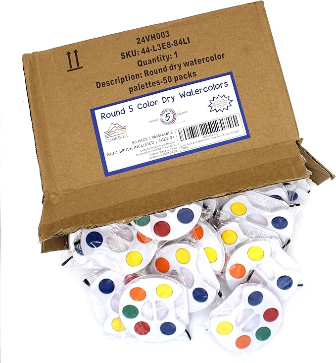 Color Swell Bulk Watercolors Round Paint Pack with Brushes - 50 Sets with 5 Washable Colors Each - Great for Kids, Classrooms, Parties, Students, Donations, Party Favors