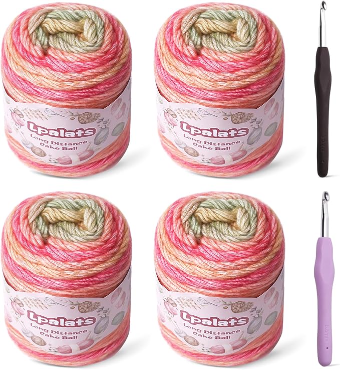 Ombre Yarn for Crocheting - 4x100g Soft 60% Cotton 40% Acrylic Yarn - 962 Yds Gradient Cake Yarns for Knitting Shawls Blankets Sweater with 2 Crochet Hooks (4, Red-Green Gradient)