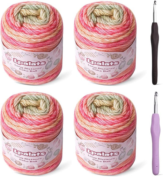 Ombre Yarn for Crocheting - 4x100g Soft 60% Cotton 40% Acrylic Yarn - 962 Yds Gradient Cake Yarns for Knitting Shawls Blankets Sweater with 2 Crochet Hooks (4, Red-Green Gradient)