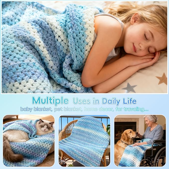 Aeelike Blanket Crochet Kit for Beginners, Super Easy Crochet Blanket Kit with Soft & Colorful Gradient Yarns Detailed Video Tutorials Crocheting Accessories, Aurora Blue Gradient & Ideal Gift