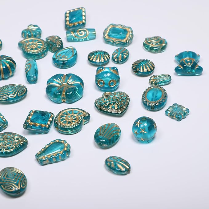 7.5 OZ Assorted Vintage Acrylic Beads For Jewelry Making, Song Xi Unique Flower Rose Czech Beads For Bracelet Earrings, Bohemia Style, Bulk, Arts and Crafts, DIY Holiday Gift (240-260 PCS, Bule-Green)