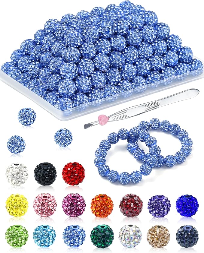120PCS FIVEIZERO Rhinestone Beads for Jewelry Making, 10mm Light Sky Blue Shiny Round Sparkle Crystal Clay Bead Bulk Sparkly Baseball Necklace Beads for Bracelets and DIY Crafts