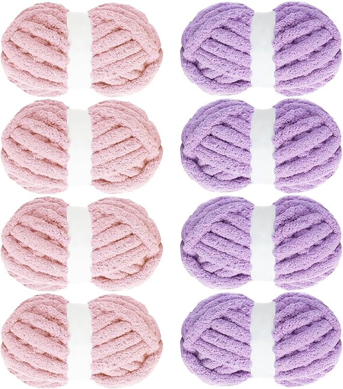 MABOZOO Assorted Chunky Yarn for Crocheting 8 Pack,Fluffy Jumbo Chenille Yarn,Soft Plush Yarn Bulky,Giant Thick Fuzzy Yarn for Hand or Arm Knitting,Pink & Purple(31.7 yds,8 oz Each Skein)