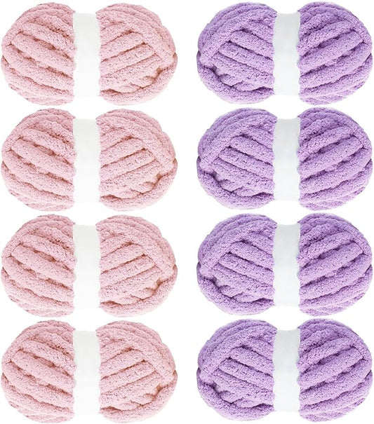 MABOZOO Assorted Chunky Yarn for Crocheting 8 Pack,Fluffy Jumbo Chenille Yarn,Soft Plush Yarn Bulky,Giant Thick Fuzzy Yarn for Hand or Arm Knitting,Pink & Purple(31.7 yds,8 oz Each Skein)