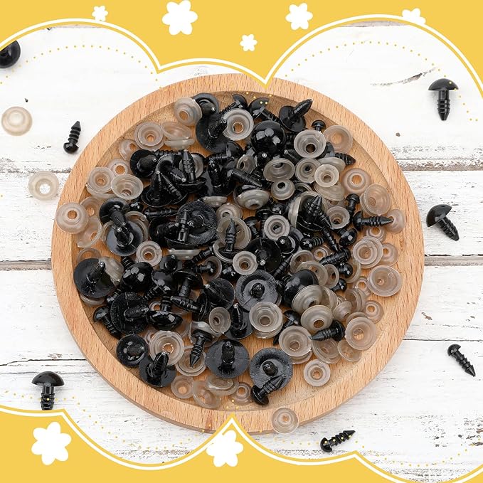 UPINS 600 Pieces 6-16MM Safety Eyes with Washers Black Plastic Safety Eyes for Amigurumi Doll Crochet Eyes for DIY Crafts Stuffed Animals Making Supplies